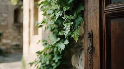Ivy-draped rustic wooden door leading into an old-world courtyard, full of history and mystery.