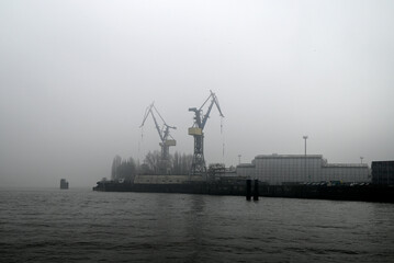 Obraz premium Foggy morning at the River Elbe, Hamburg, Germany