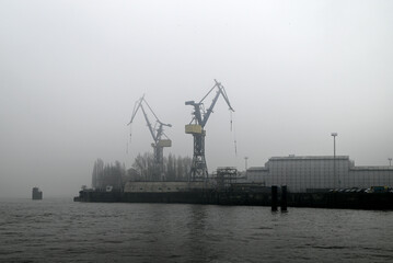 Foggy morning at the River Elbe, Hamburg, Germany
