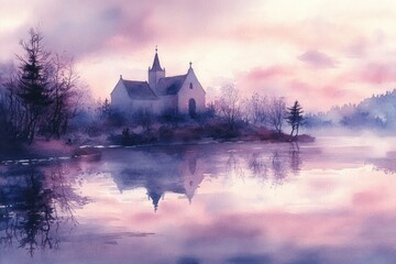 Fototapeta premium Serene Watercolor Landscape of Calm Lake and Distant Church at Twilight