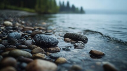 Smooth pebbles on a serene lakeshore get gently caressed by rippling water, embodying calmness and tranquility.