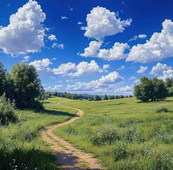 Obraz premium Serene Countryside Landscape Dirt Pathway Green Grass Trees Blue Sky Fluffy Clouds