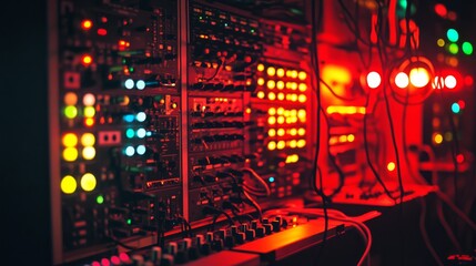 Obraz premium A vibrant electronic music studio with colorful lights and cables, setting an energetic and creative atmosphere in a fusion of technology and art.