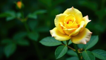 Single delicate yellow rose bloom against rich dark green foliage, foliage, stem, botanical