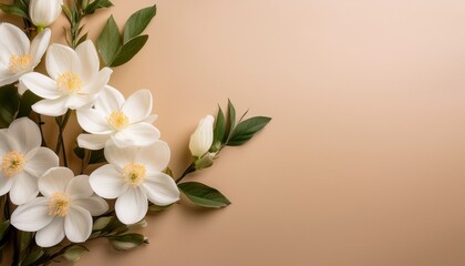 Fototapeta premium White Flowers Beige Matte. Subtle, calm floral on neutral beige. Serene, minimalist, timeless aesthetic