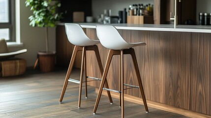 A sleek, contemporary bar stool, boasting a pristine white seat crafted from polished acrylic and sturdy wooden legs, seamlessly blending into any modern aesthetic.