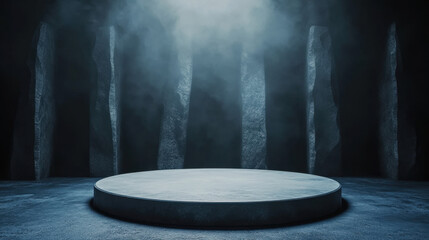 3D podium in dark, mysterious lighting theme surrounded by stone pillars creates atmospheric setting. scene evokes sense of intrigue and anticipation