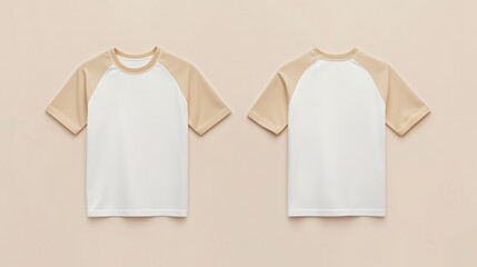 A white and beige short-sleeve raglan t-shirt is displayed from the front and back and a flat lay concept is used as a mockup design template