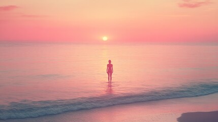 Fototapeta premium A lone silhouette stands at the edge of a tranquil pink sunset, the serene horizon blending with the calm sea, creating a dreamy, peaceful scene.