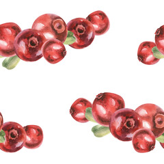 Red forest berries watercolor seamless pattern. Hand drawn cranberries background,botanical painting for product packing,wallpaper, scrapbookig design