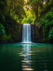 Obraz premium Serene Waterfall Cascading into Reflective Pool in Lush Green Forest Setting