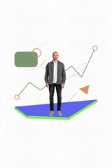 Artwork photo vertical collage of happy businessman stand graph development statistics progress concept goal achievement