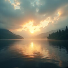 Naklejka premium Tranquil Mountain Reflection at Dusk in Serene Alpine Landscape