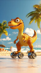 Dino's Beach Roll: A playful cartoon dinosaur with a mischievous grin, rolling along a sandy beach, exuding joy and lightheartedness. Captured in vibrant color, it evokes feelings of summer fun.