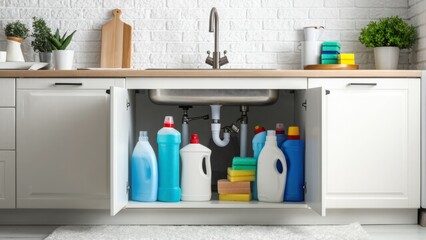 A well-organized kitchen cabinet under the sink with various cleaning supplies, including bottles of detergent and sponges, showcasing a tidy and efficient storage solution