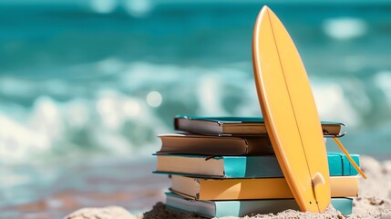 A surfboard leaning against a stack of books on a sandy beach.