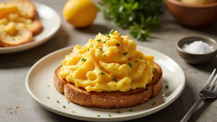 Creamy mashed potatoes on toast garnished with chives, served with lemon and herbs, creating a delicious and comforting dish.