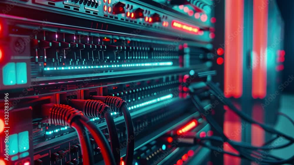 Poster close up view of server rack with glowing lights and network cables data center, showcasing advanced