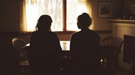 Obraz premium Two people sit in silhouette, framed by soft indoor light through a window, encapsulating friendship and shared moments.