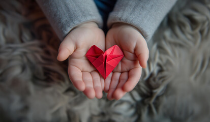 Toddler with origami heart in hands.