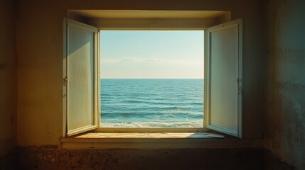 A sunlit glimpse of the vast ocean captured through an open window, inviting thoughts of escape and tranquility.