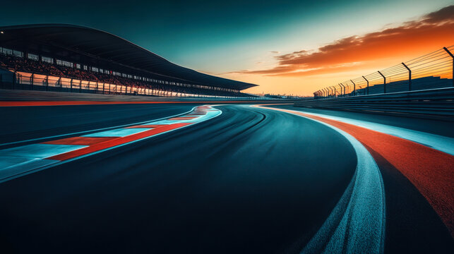 Curving racetrack at sunset highlighting vibrant colors and the silhouette of grandstand