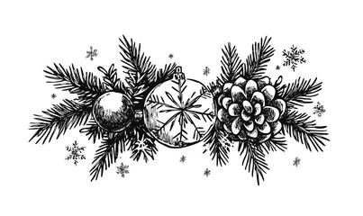 Christmas decorations with pine cones and ornaments, holiday icons set, flat vector.
