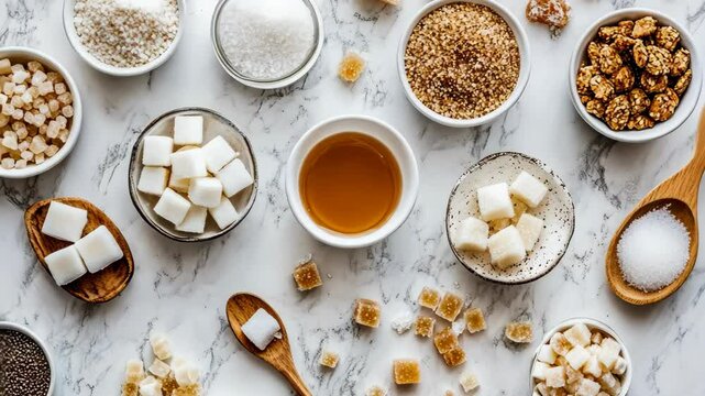 Variety of sugars and sweeteners arranged on a marble countertop with natural lighting for culinary inspiration