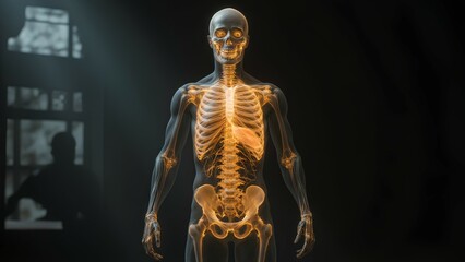 A digital rendering of a human skeleton illuminated in a dark space, showcasing the intricate structure of bones and joints.