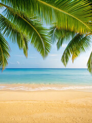 Fototapeta premium Serene Tropical Beach with Palm Trees and Calm Turquoise Water Under Clear Sky