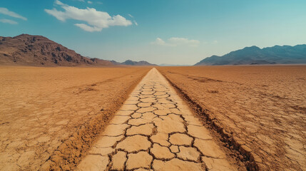 Desolate landscape with cracked ground and distant mountains.
