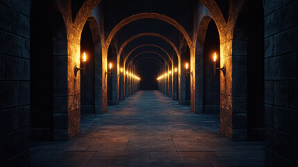 Obraz premium dark retro dungeon with stone arches and flickering torches creates eerie atmosphere. long corridor invites exploration and evokes sense of mystery