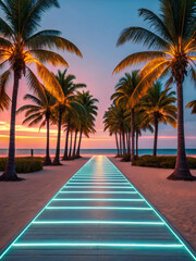 Pathway of Light Through Palm Trees at Sunset on Tropical Beach