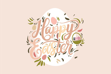 Happy Easter greeting card, poster, cover, web or social media banner. Art design with modern typography, hand drawn Easter egg in pastel colors, vector illustration