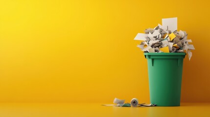 Overflowing green trash can filled with crumpled paper and waste against a bright yellow background representing clutter and waste management concepts