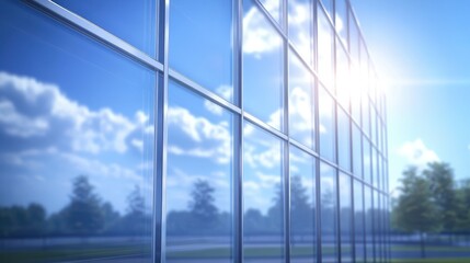 Modern Glass Building Facade Reflecting Blue Sky and Clouds
