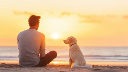 Fototapeta premium Young man and golden retriever sitting on the beach watching the sunset, creating a serene and heartwarming scene by the ocean shore