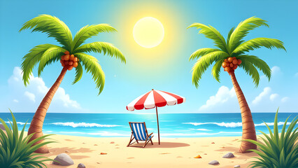 Obraz premium Idyllic Tropical Beach Scene with Palm Trees, Sunlit Ocean Waves, and Relaxing Lounge Chair Under a Red and White Umbrella – Perfect Summer Vacation Concept.