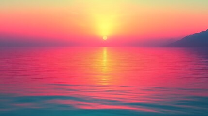 Fototapeta premium Vibrant Sunset Over Calm Ocean Waters And Distant Mountains