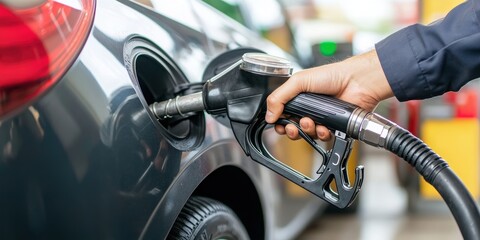 Fototapeta premium Fueling Up: A person's hand firmly grasps the nozzle, filling a car's fuel tank with gasoline, representing a blend of convenience, mobility, and energy