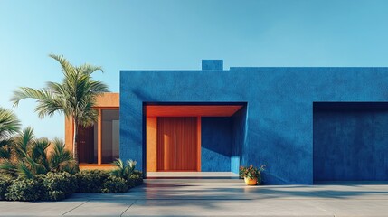 Vibrant Architectural Design with Exotic Blue Walls, Creating a Bold and Eye-Catching Exterior.