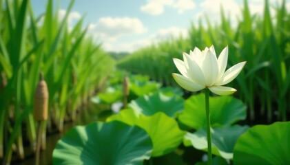 White lotus flower growing among tall reeds and cattails, swamp, greenery, landscape