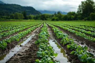 Wet Field with Green Vegetables in Rows, Sunlit Puddles Reflecting the Sky