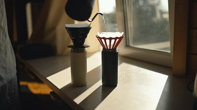 Pour-over coffee brewing at home in cozy natural light. Hand reaches for gooseneck kettle beside two drippers on a wooden surface by the window. Warm minimalist atmosphere, perfect for lifestyle, slow