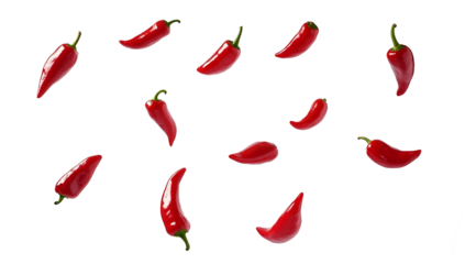 Red bell peppers in various poses isolated on white background PNG. AI GENERATED