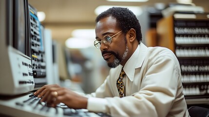an African American man in glasses typing at a vintage computer