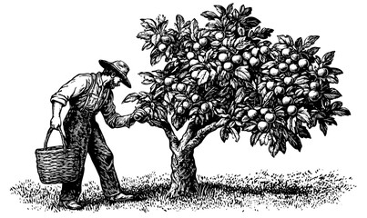 Apple tree harvest with farmer in hat picking fruits - linear icons set - vector.