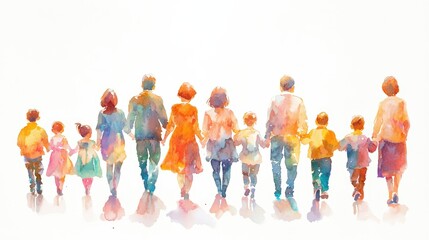 Fototapeta premium A vibrant watercolor painting of a diverse group of people walking together, symbolizing unity, family, and togetherness.