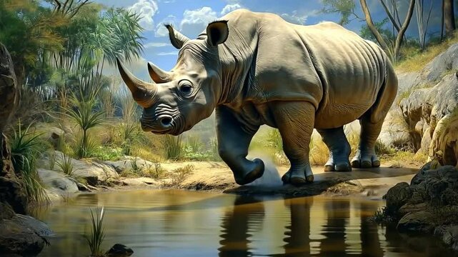 Powerful javan rhinoceros walking through dense vegetation