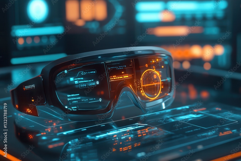 Aufkleber Mixed reality headset showcased against a vibrant augmented reality interface with dynamic holographic elements for cutting-edge design